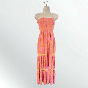 Angie Strapless Smocked Bodice Wide Leg Jumpsuit Pink Floral Print Small Boho